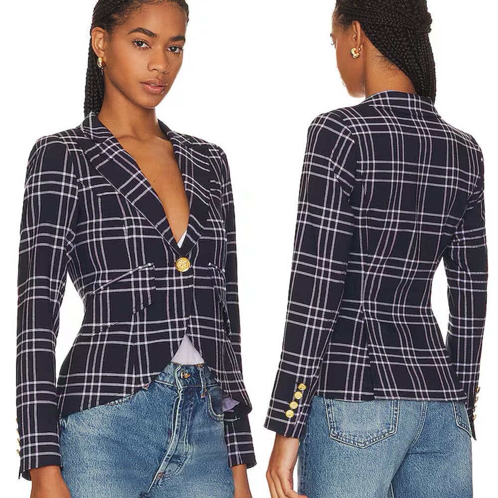 Smythe One Button Blazer Jacket Navy Lilac Plaid Check Grid Tartan Size 10